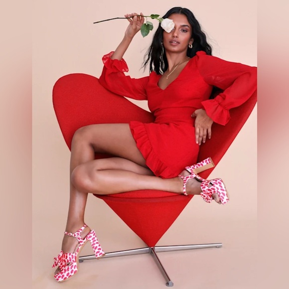 Lulus Sheer Attraction Red Long Sleeve Ruffled Mini Dress - Size M - Picture 2 of 3